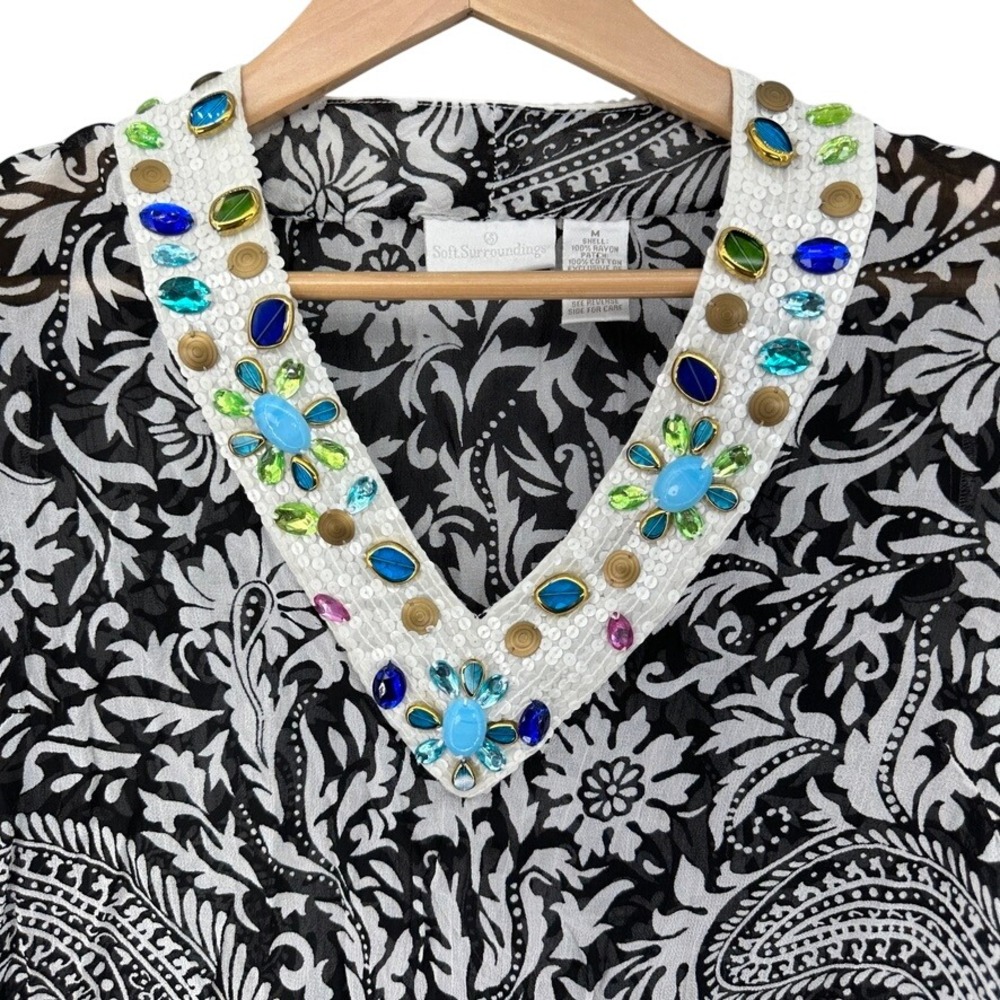 Y2K Soft Surroundings Black White Paisley Jeweled Sequin V-Neck Tunic Top Medium